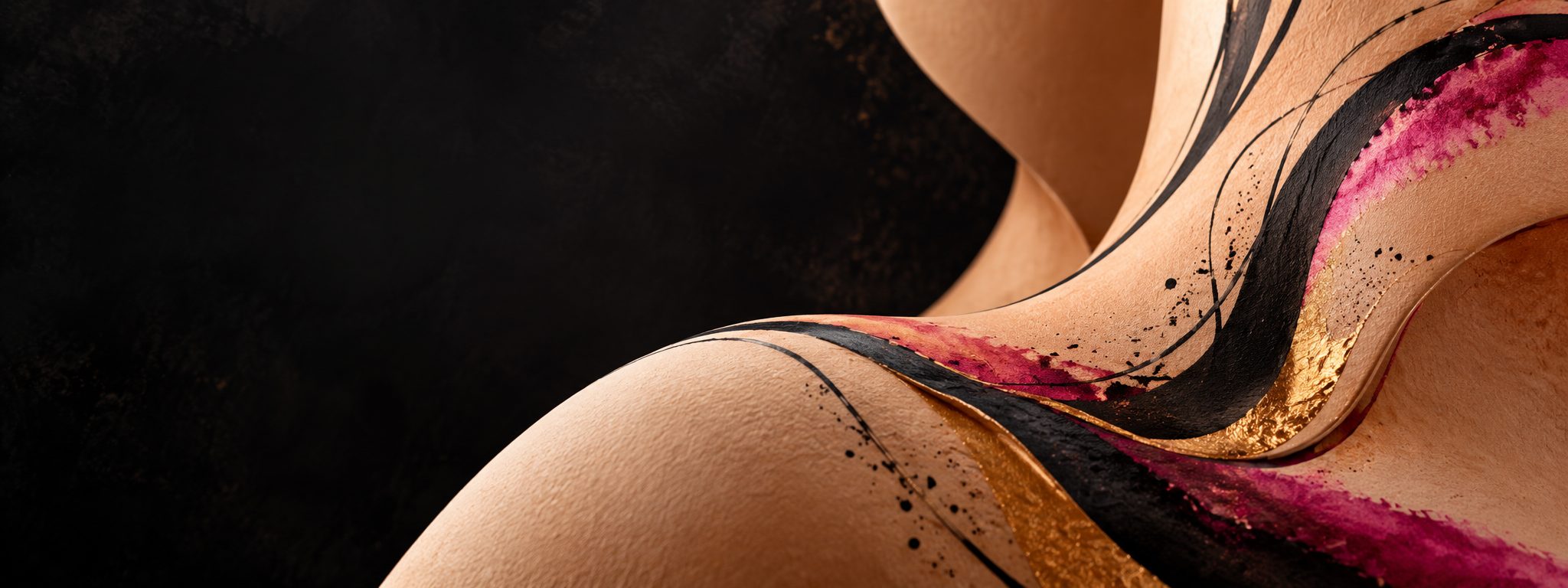 Composition originale de lignes d'encre abstraites, rose et or