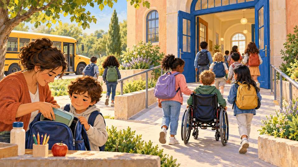 Illustration pédagogique créée avec l’IA : Illustration d’une école accueillante et accessible, avec des enfants, un transport scolaire et la préparation des fournitures et du repas.