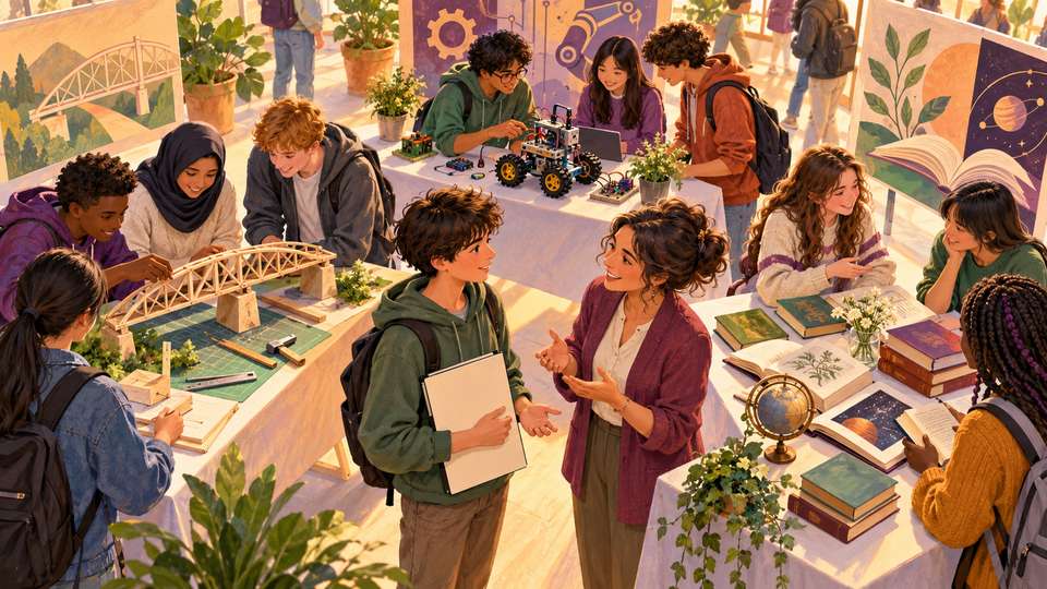 Illustration pédagogique créée avec l’IA : Illustration d’adolescents découvrant des voies pratiques, techniques et académiques lors d’une journée d’orientation.