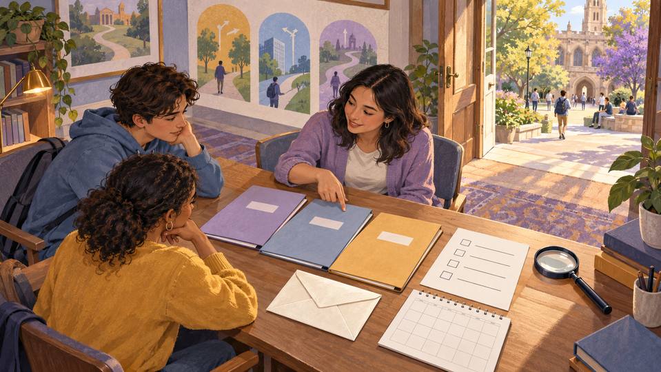 Illustration pédagogique créée avec l’IA : Illustration de candidats accompagnés pour examiner des dossiers, des démarches et des échéances d’admission.