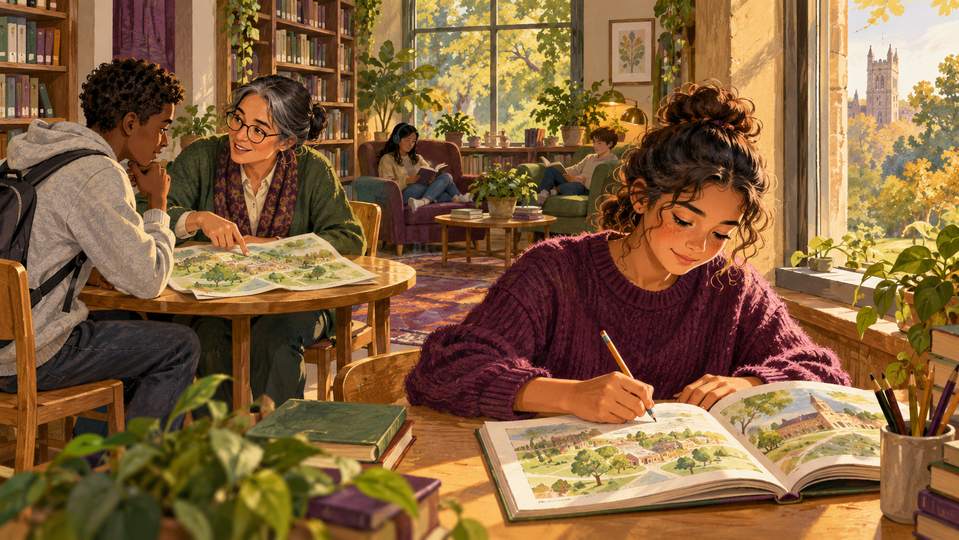 Illustration pédagogique créée avec l’IA : Illustration d’une bibliothèque offrant un espace calme, des ressources documentaires et un accompagnement humain.