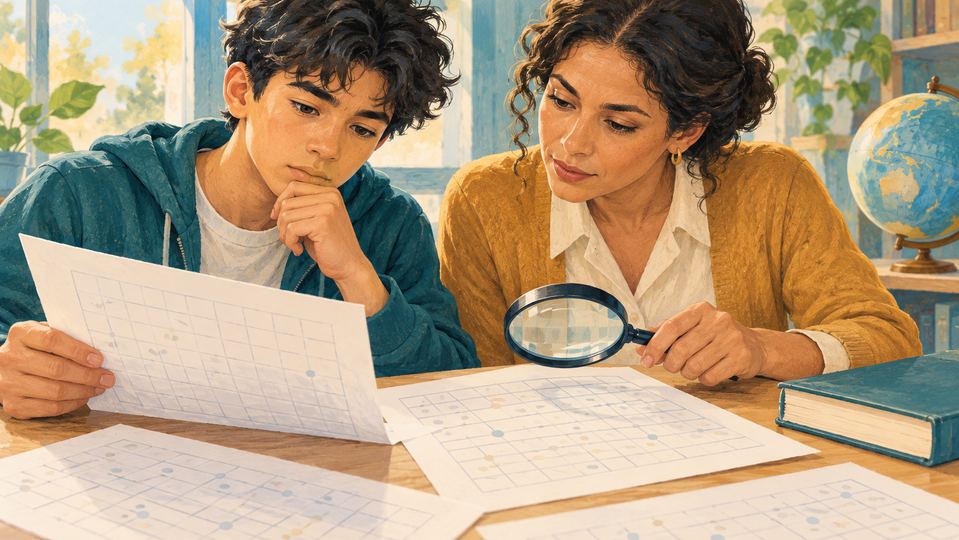 Illustration pédagogique créée avec l’IA : Illustration d’un adolescent et d’une chercheuse examinant des tableaux anonymes sans valeurs lisibles pour discuter des données éducatives.