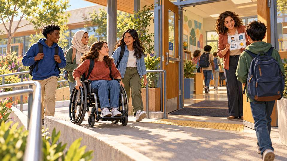 Illustration créée par IA : des élèves empruntent une entrée accessible et sont accueillis avec des supports visuels.