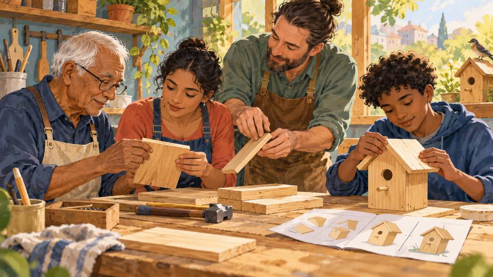 Illustration créée par IA : des apprenants de plusieurs générations construisent un nichoir avec l’aide d’un formateur.