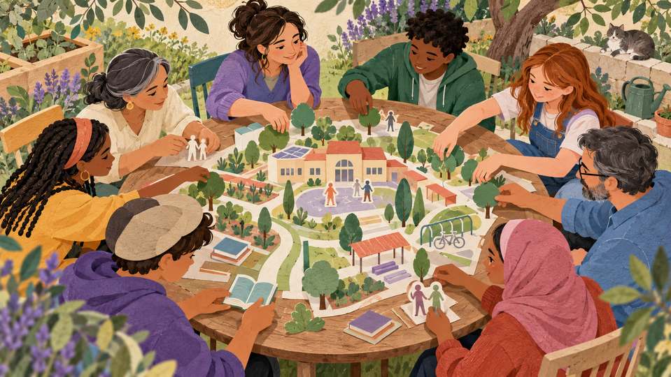 Illustration créée par IA : jeunes, familles et enseignants conçoivent ensemble une école et ses espaces communs.