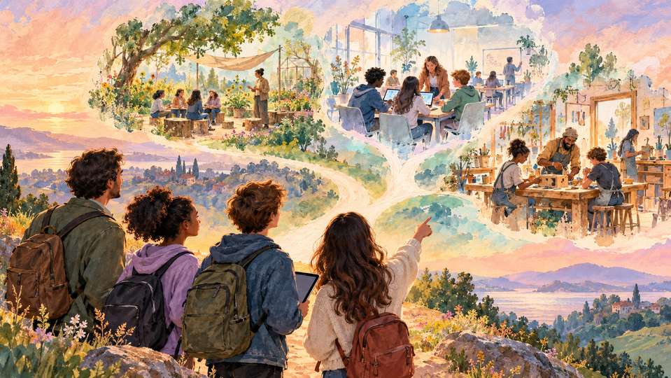 Illustration créée par IA : un groupe envisage plusieurs futurs possibles de l’apprentissage, avec un accompagnement humain.