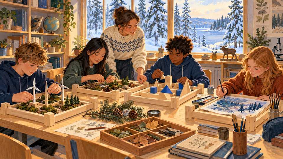 Illustration créée par IA : une classe imaginaire combine un cadre commun et des activités choisies localement.