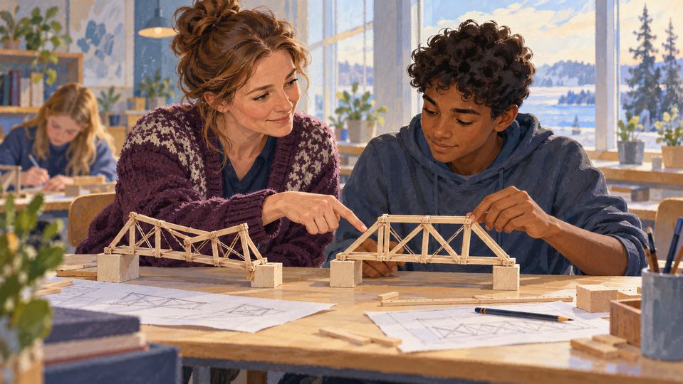 Illustration créée par IA : un enseignant donne un retour constructif à un élève qui améliore sa maquette.