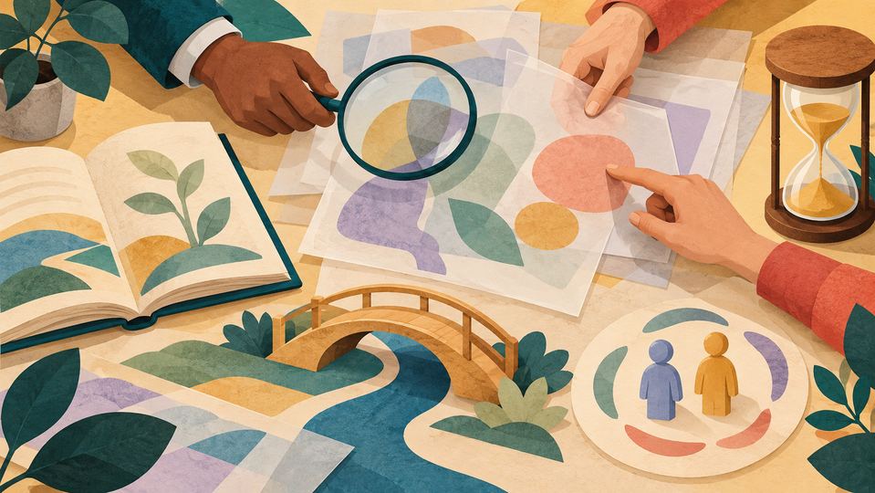 Illustration conceptuelle créée par IA : une loupe, des documents abstraits et plusieurs symboles invitent à examiner les dimensions de l’éducation sans représenter de données.