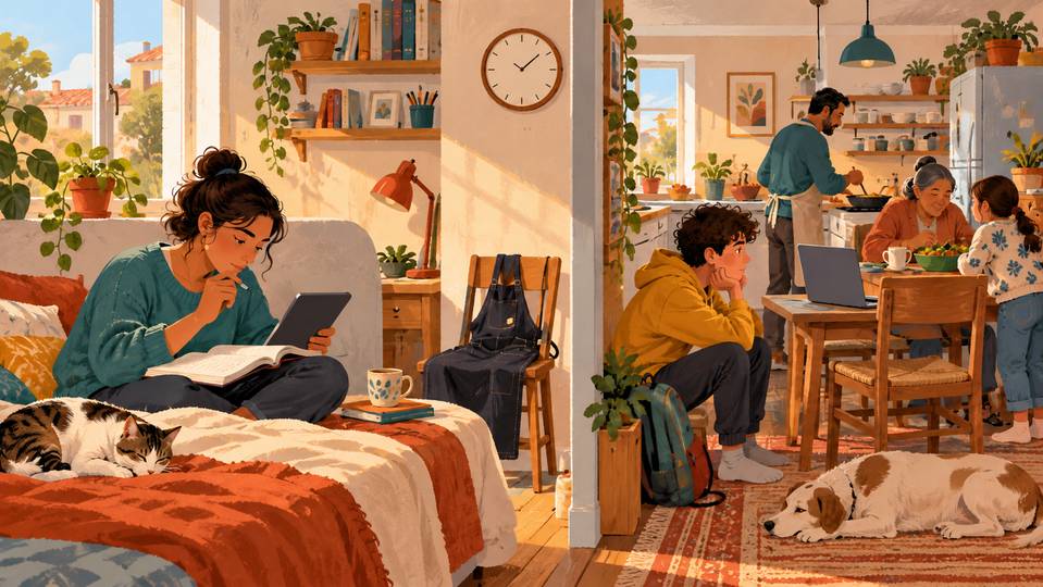 Illustration créée par IA : deux apprenants organisent leur travail dans un logement partagé où le calme et l’accès aux appareils varient.