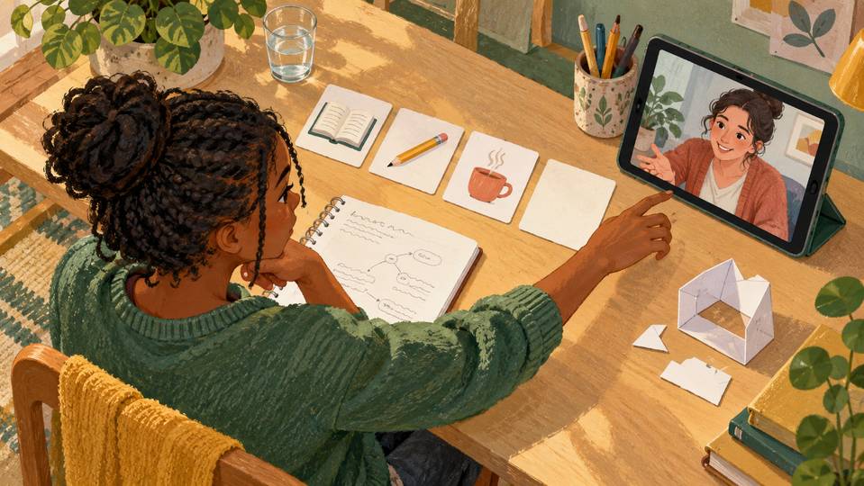 Illustration créée par IA : une élève organise ses étapes de travail, prévoit une pause et demande l’aide d’une tutrice.