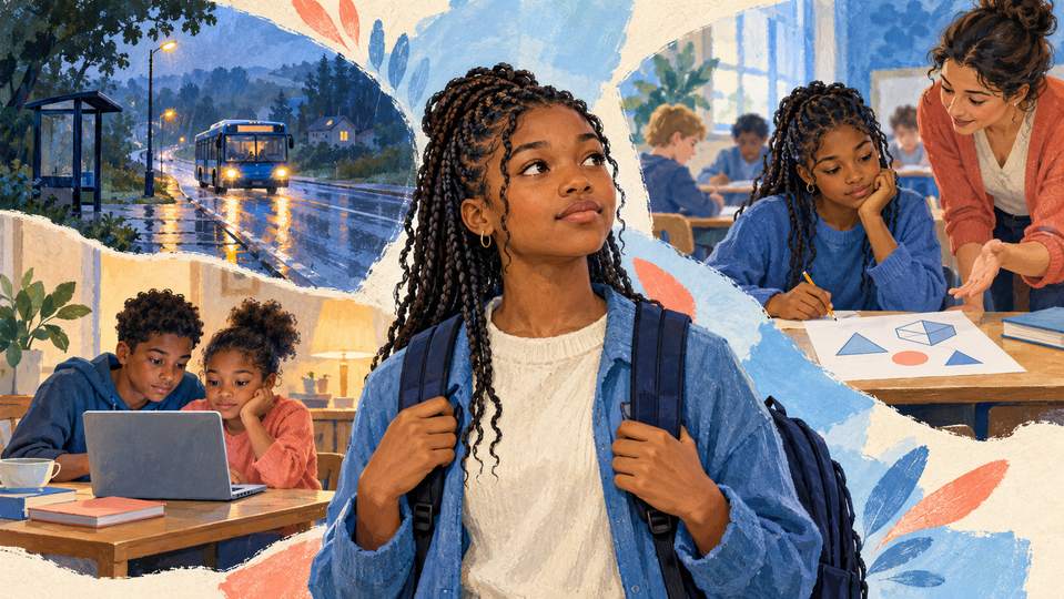 Illustration pédagogique créée avec l’IA : Illustration : plusieurs obstacles possibles entourent une adolescente, dont le trajet en bus, le partage d’un ordinateur et la compréhension du travail scolaire.