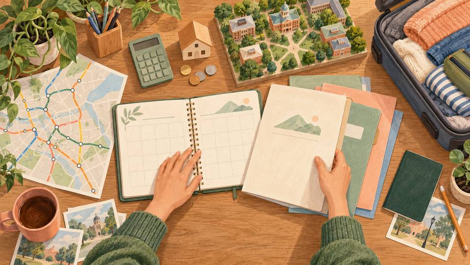 Illustration pédagogique créée avec l’IA : une étudiante organise les documents, le budget, le logement et les transports nécessaires à son départ.