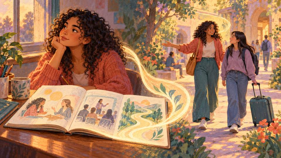 Illustration pédagogique créée avec l’IA : une étudiante relit son journal d’expérience puis accueille un nouvel étudiant pour transmettre ce qu’elle a appris.