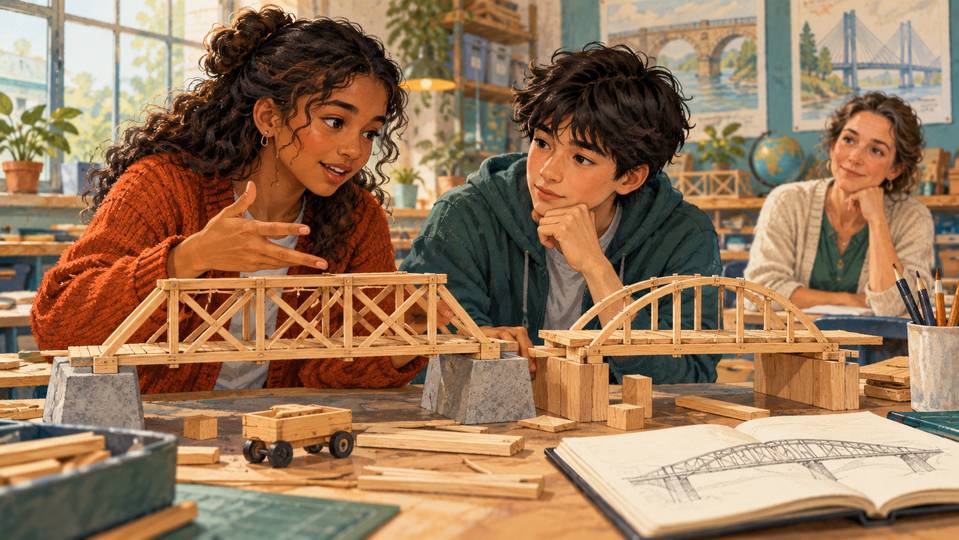 Illustration pédagogique créée avec l’IA : une élève explique un modèle de pont puis met sa compréhension à l’épreuve avec une construction nouvelle.