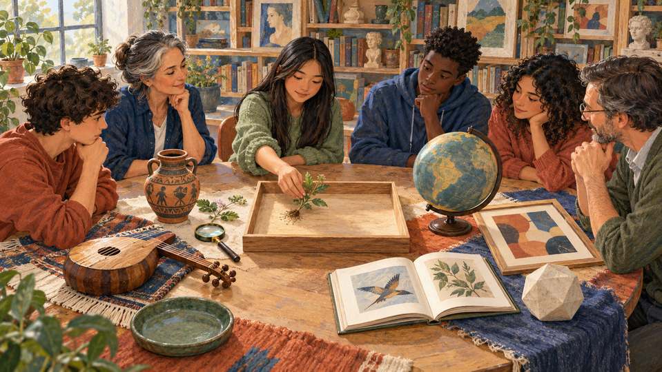 Illustration pédagogique créée avec l’IA : élèves et enseignants comparent des objets et des ouvrages de plusieurs domaines pour discuter des choix du programme.