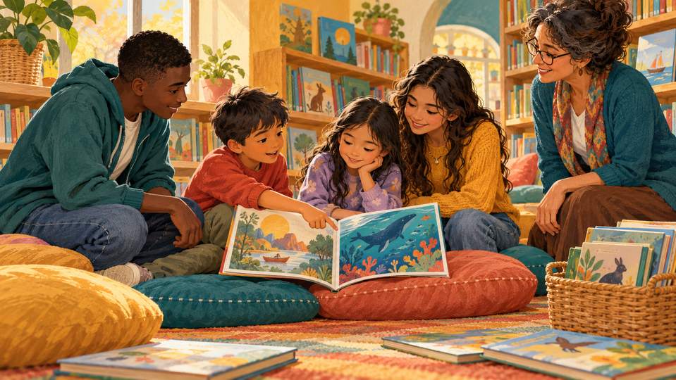 Illustration pédagogique créée avec l’IA : des lycéens conçoivent une séance de lecture partagée avec une bibliothécaire et les jeunes lecteurs, dans un cadre accompagné.