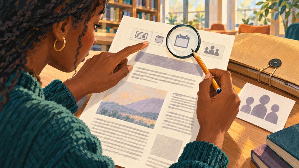 Illustration pédagogique créée avec l’IA : Illustration pédagogique : une élève repère les indices de date, de genre et de destinataire sur un document.