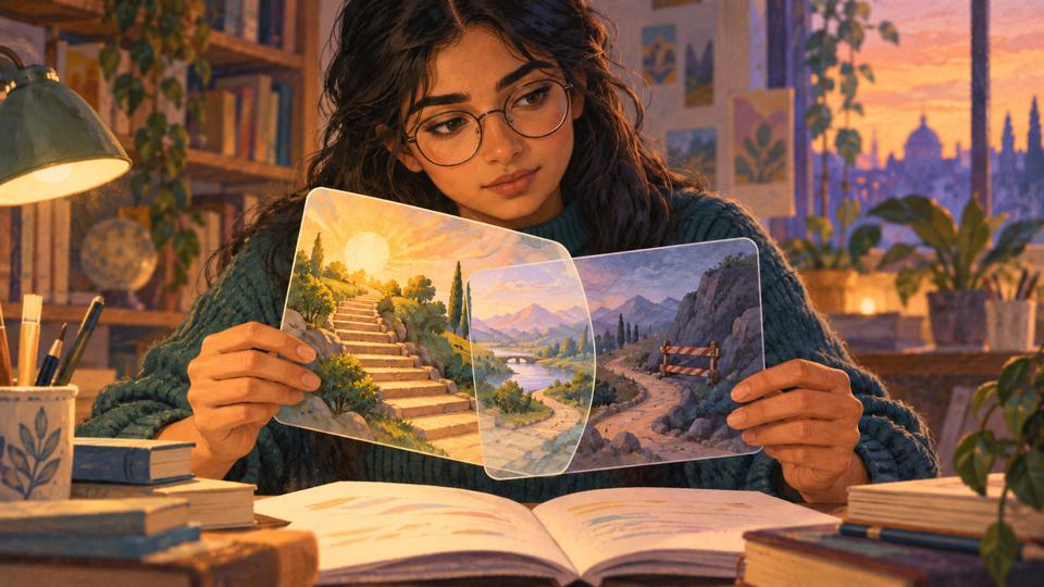 Illustration pédagogique créée avec l’IA : Illustration pédagogique : une élève compare deux idées et observe ce qui en limite la portée.