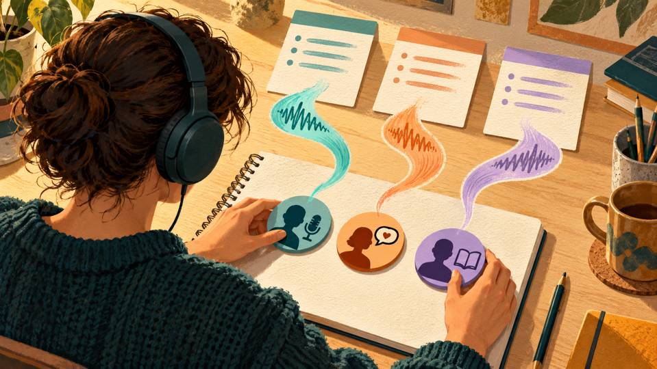 Illustration pédagogique créée avec l’IA : Illustration pédagogique : une auditrice distingue trois rôles de parole à l’aide de repères visuels différents.